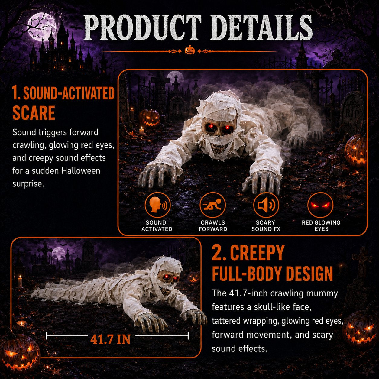 Sound-Activated Animated Crawling Mummy with Glowing Red Eyes
