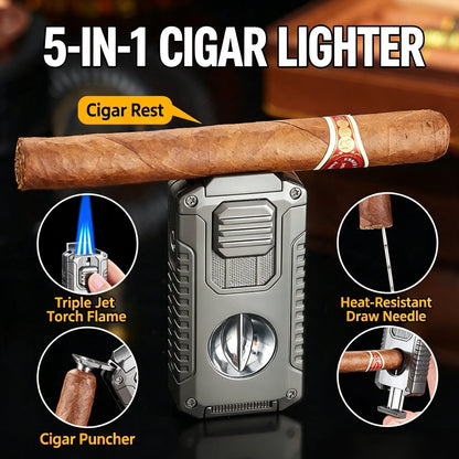 5-In-1 Windproof Cigar Lighter | Triple Jet Flame, V-Cutter, Punch, Draw Tool & Cigar Rest