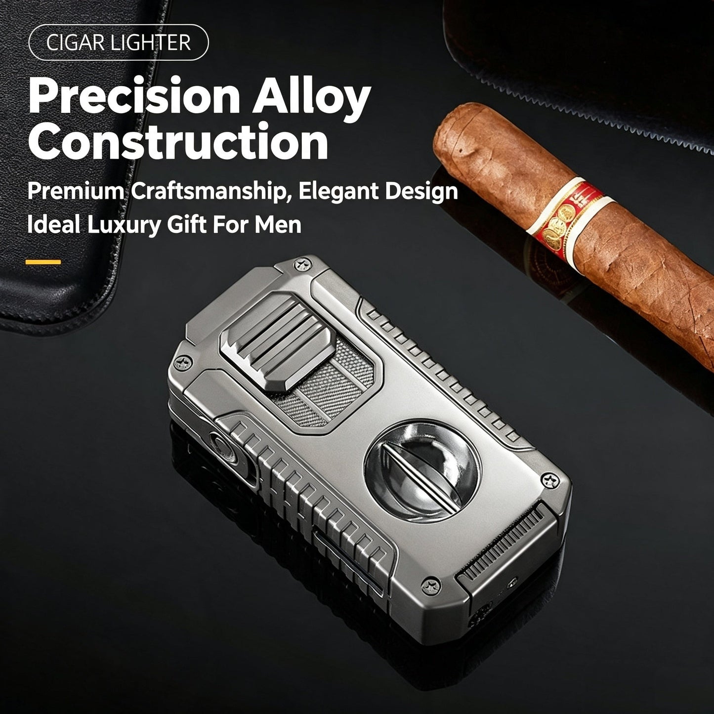 5-In-1 Windproof Cigar Lighter | Triple Jet Flame, V-Cutter, Punch, Draw Tool & Cigar Rest