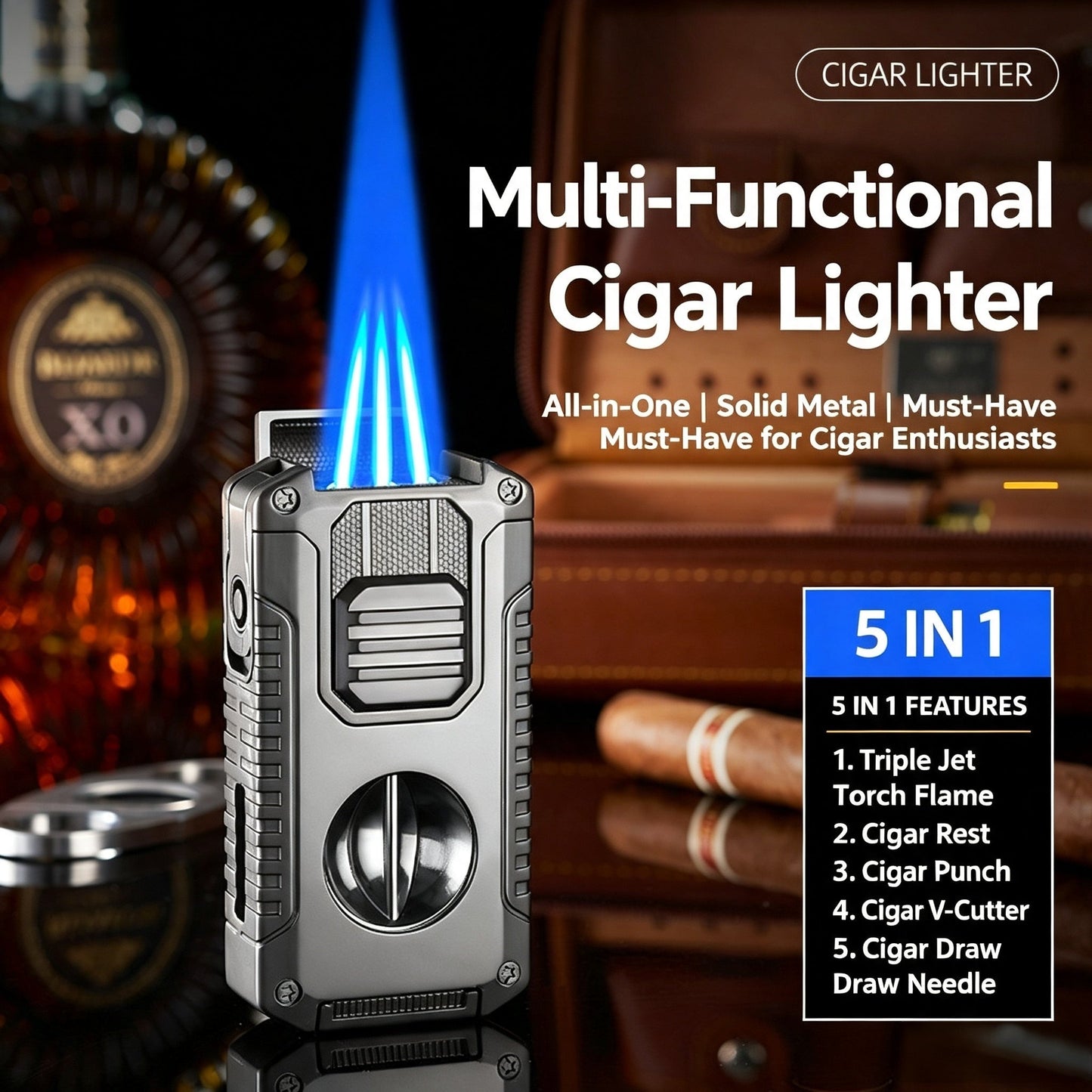 5-In-1 Windproof Cigar Lighter | Triple Jet Flame, V-Cutter, Punch, Draw Tool & Cigar Rest