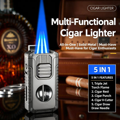 5-In-1 Windproof Cigar Lighter | Triple Jet Flame, V-Cutter, Punch, Draw Tool & Cigar Rest