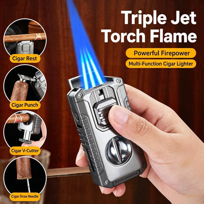 5-In-1 Windproof Cigar Lighter | Triple Jet Flame, V-Cutter, Punch, Draw Tool & Cigar Rest
