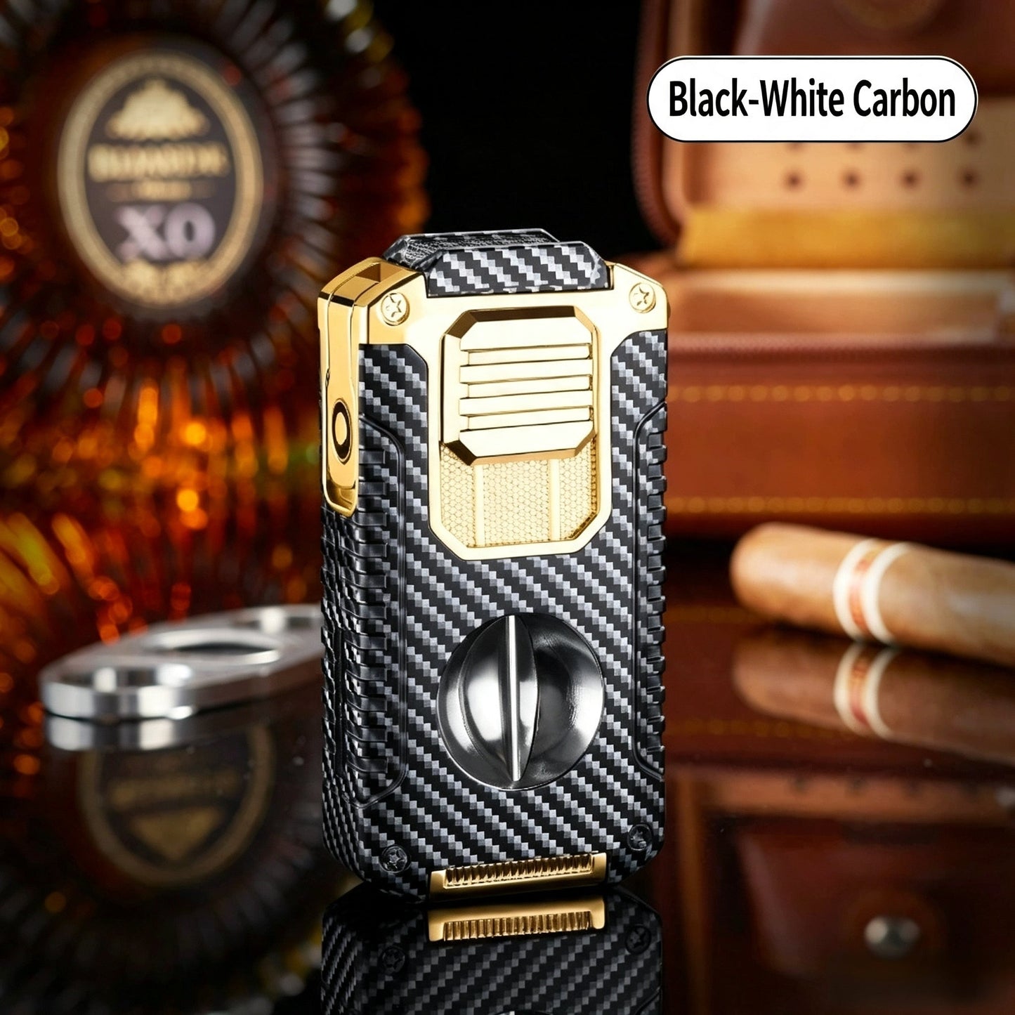 5-In-1 Windproof Cigar Lighter | Triple Jet Flame, V-Cutter, Punch, Draw Tool & Cigar Rest
