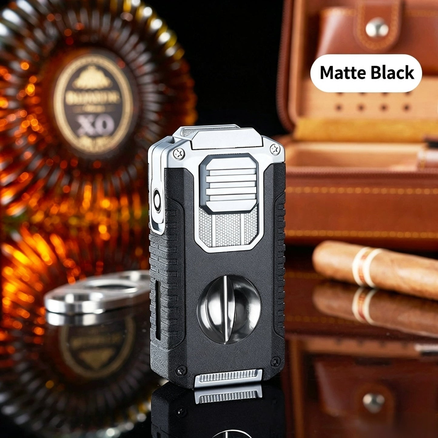 5-In-1 Windproof Cigar Lighter | Triple Jet Flame, V-Cutter, Punch, Draw Tool & Cigar Rest