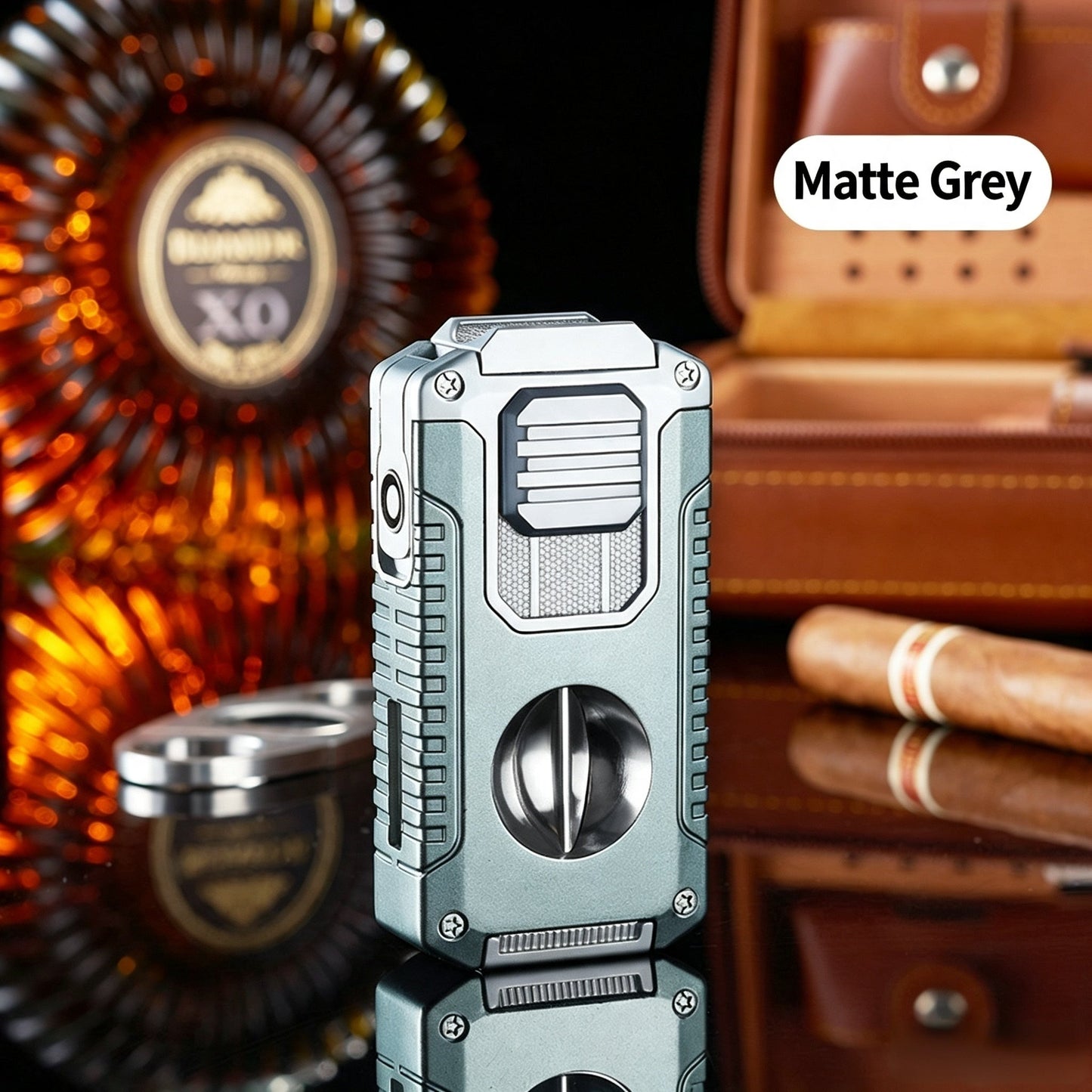 5-In-1 Windproof Cigar Lighter | Triple Jet Flame, V-Cutter, Punch, Draw Tool & Cigar Rest