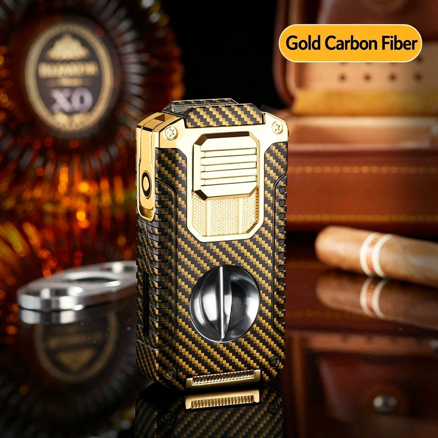 5-In-1 Windproof Cigar Lighter | Triple Jet Flame, V-Cutter, Punch, Draw Tool & Cigar Rest