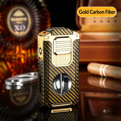 5-In-1 Windproof Cigar Lighter | Triple Jet Flame, V-Cutter, Punch, Draw Tool & Cigar Rest