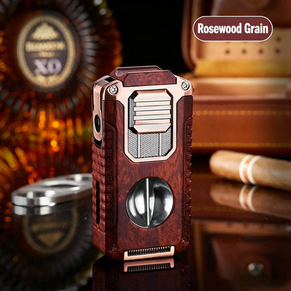 5-In-1 Windproof Cigar Lighter | Triple Jet Flame, V-Cutter, Punch, Draw Tool & Cigar Rest