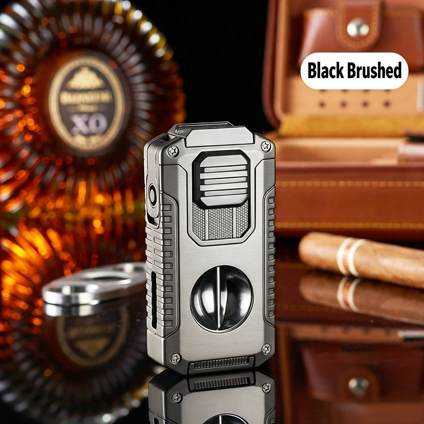 5-In-1 Windproof Cigar Lighter | Triple Jet Flame, V-Cutter, Punch, Draw Tool & Cigar Rest