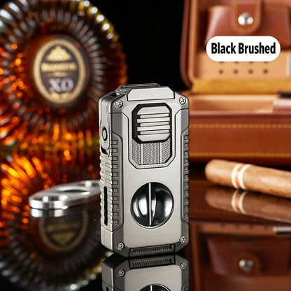 5-In-1 Windproof Cigar Lighter | Triple Jet Flame, V-Cutter, Punch, Draw Tool & Cigar Rest