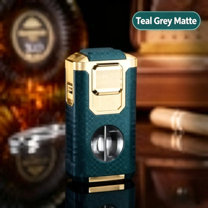 5-In-1 Windproof Cigar Lighter | Triple Jet Flame, V-Cutter, Punch, Draw Tool & Cigar Rest
