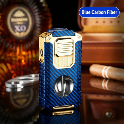 5-In-1 Windproof Cigar Lighter | Triple Jet Flame, V-Cutter, Punch, Draw Tool & Cigar Rest