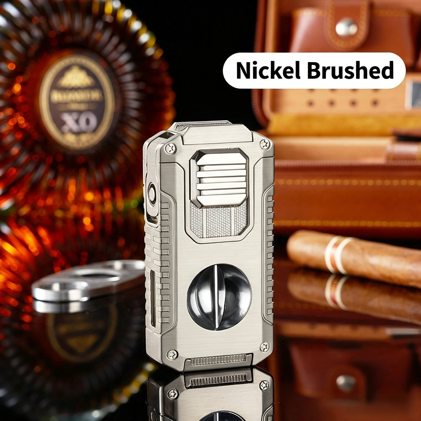 5-In-1 Windproof Cigar Lighter | Triple Jet Flame, V-Cutter, Punch, Draw Tool & Cigar Rest