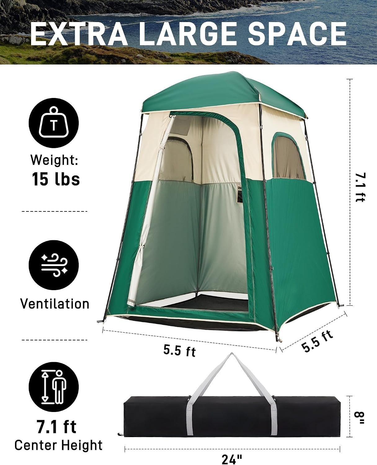 Portable Outdoor Privacy Shower Tent, 1/2 Room Camping Toilet Tent with Shower Bag, Dressing Room for Beach Camping & Hiking