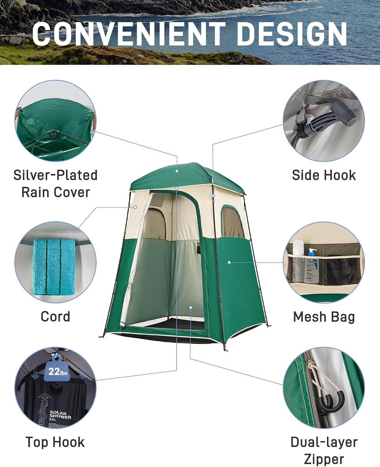 Portable Outdoor Privacy Shower Tent, 1/2 Room Camping Toilet Tent with Shower Bag, Dressing Room for Beach Camping & Hiking